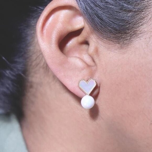 Gold Heart Pearl Drop Earrings - Elegant Women's Jewelry for Everyday Wear - Picture 2 of 2